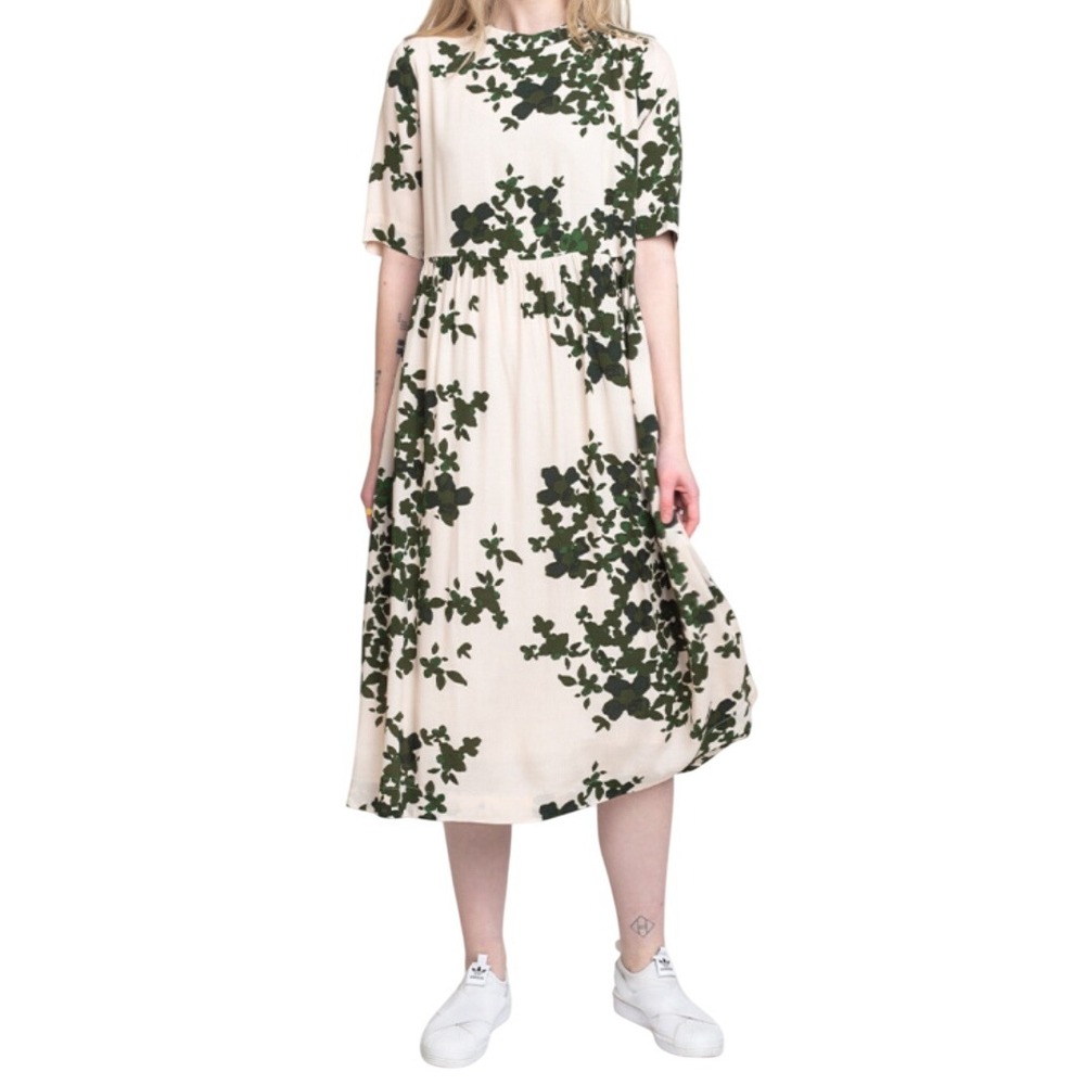 ICHI Women's Dress Ivory Green Floral‎ Lined Cottagecore Midi Size 36/US 6